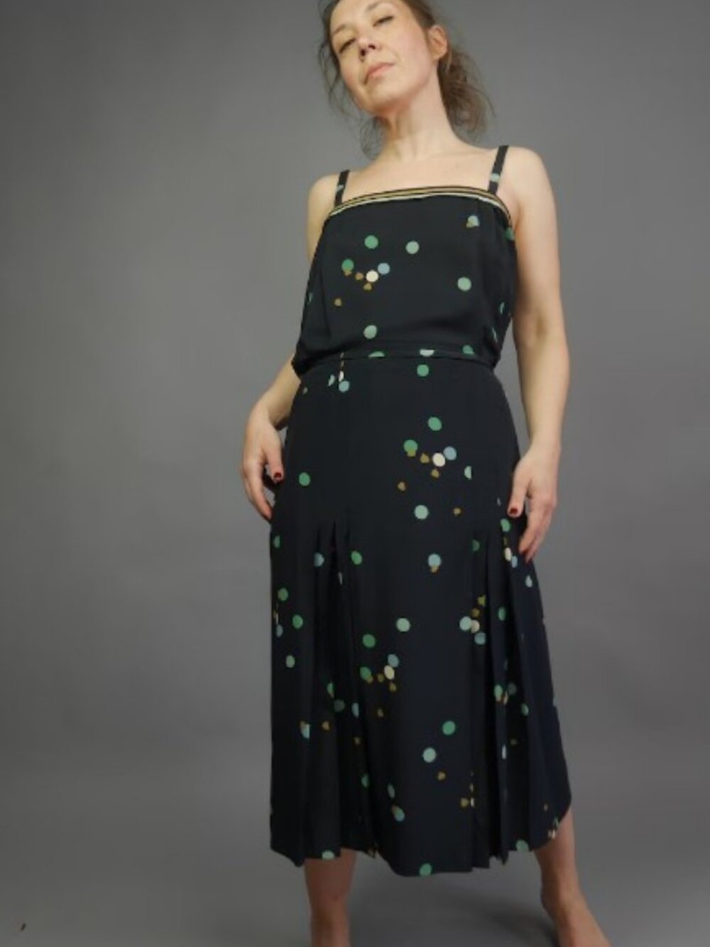 Vintage silk black polka dot dress M/L